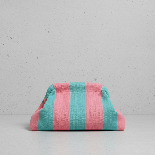 Numero 13 pink and teal striped canvas clutch bag with gathered sides