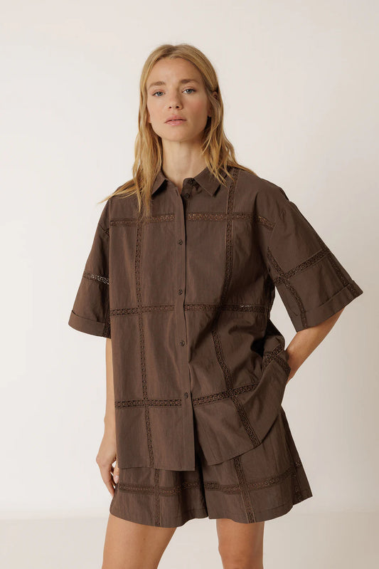 Lace Poplin Shirt Brown